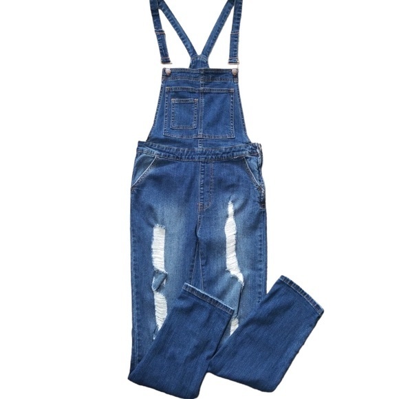 Fashion Nova Women's DIstressed Jean Bib Overalls‎ Sz. M - Picture 1 of 9